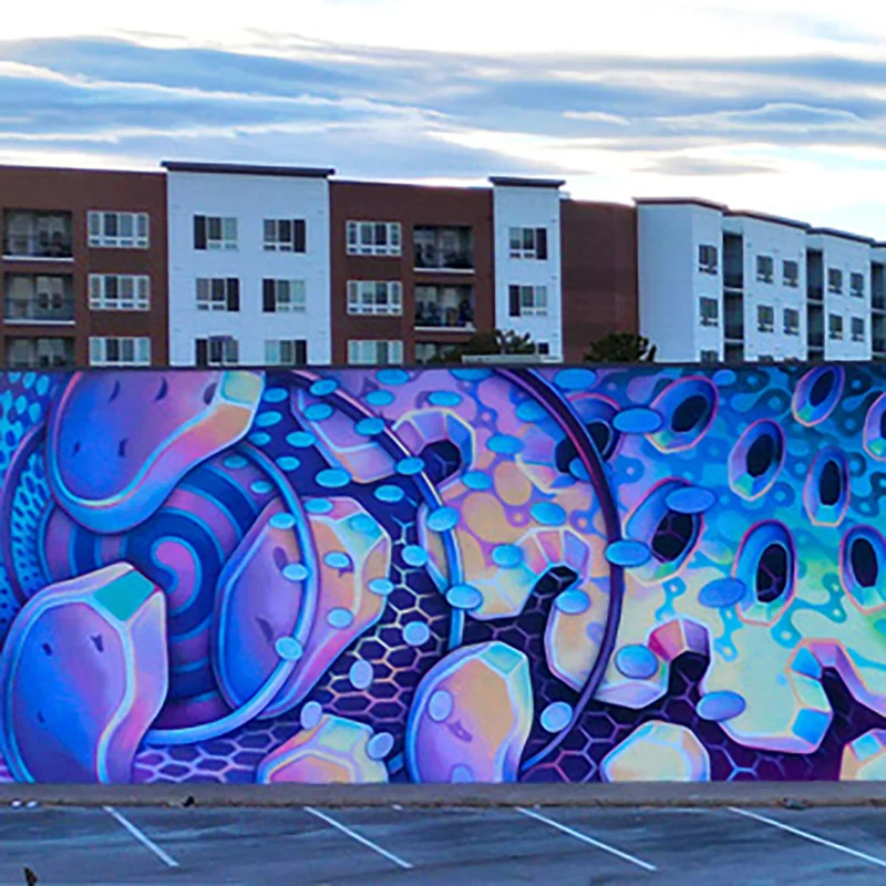 Anna Charney, Micro Center Mural, approx. 140' x 24' (drone shot - cropped)